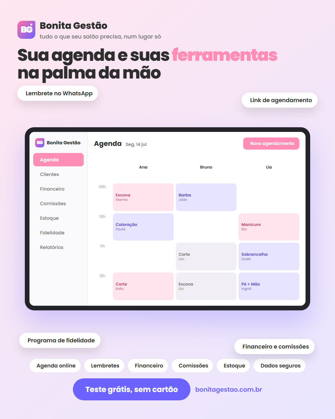 A agenda da BonitaGestão aberta em um tablet, mostrando os horários da semana
