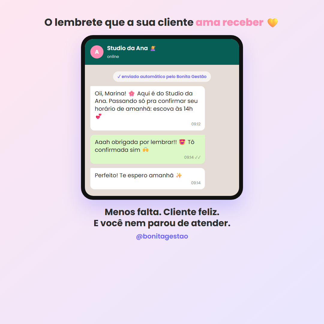 Tela da BonitaGestão enviando a confirmação do agendamento pelo WhatsApp